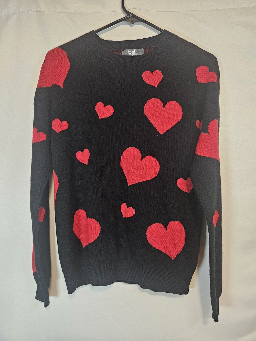 BELE Black Crewneck Sweater with Red Heart Motif